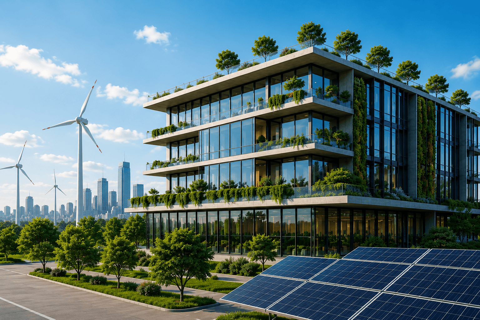 Sustainable green building with solar panels and wind turbines